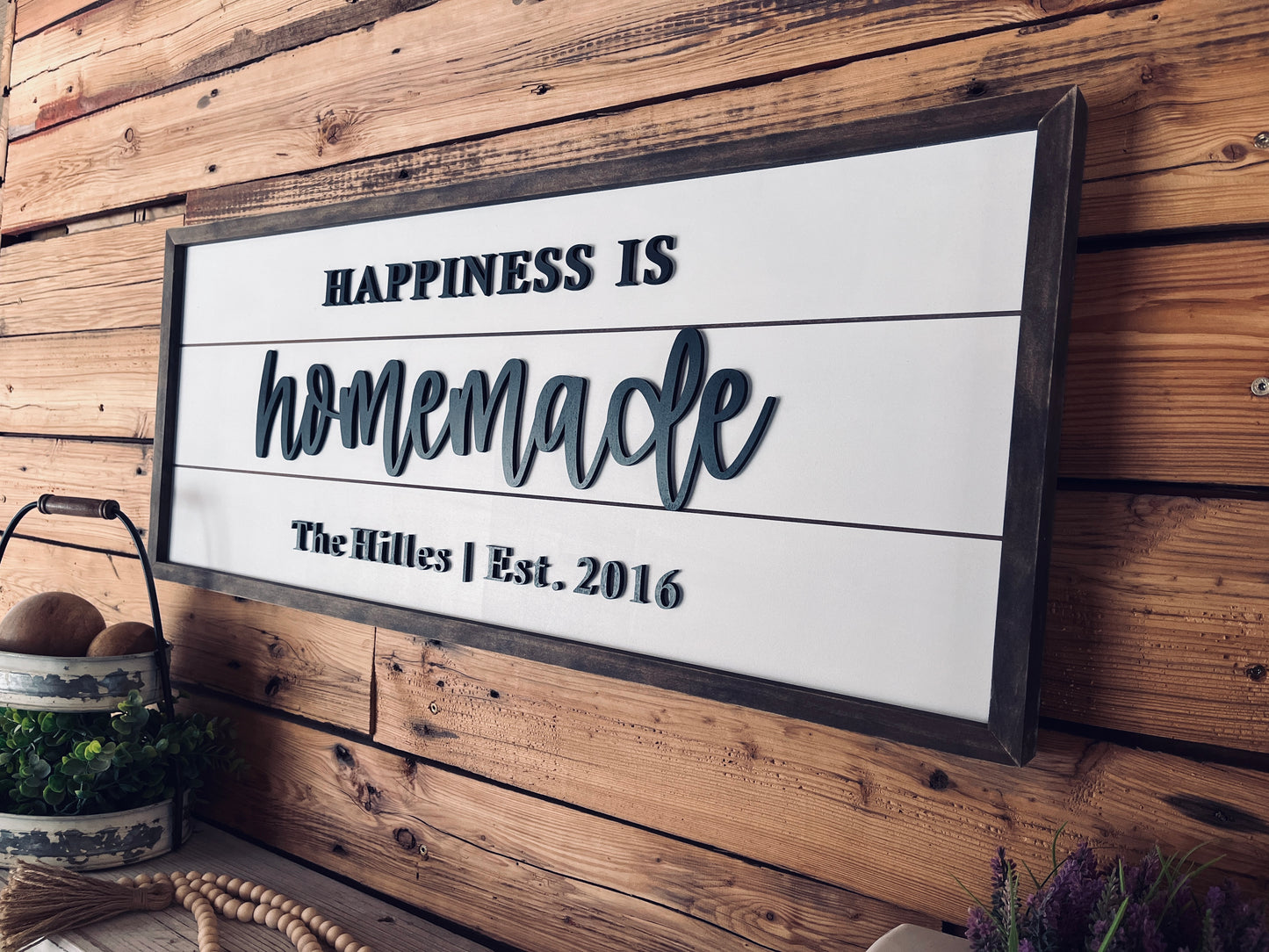 Happiness is Homemade | Personalized Raised Lettering Last Name Sign on Shiplap