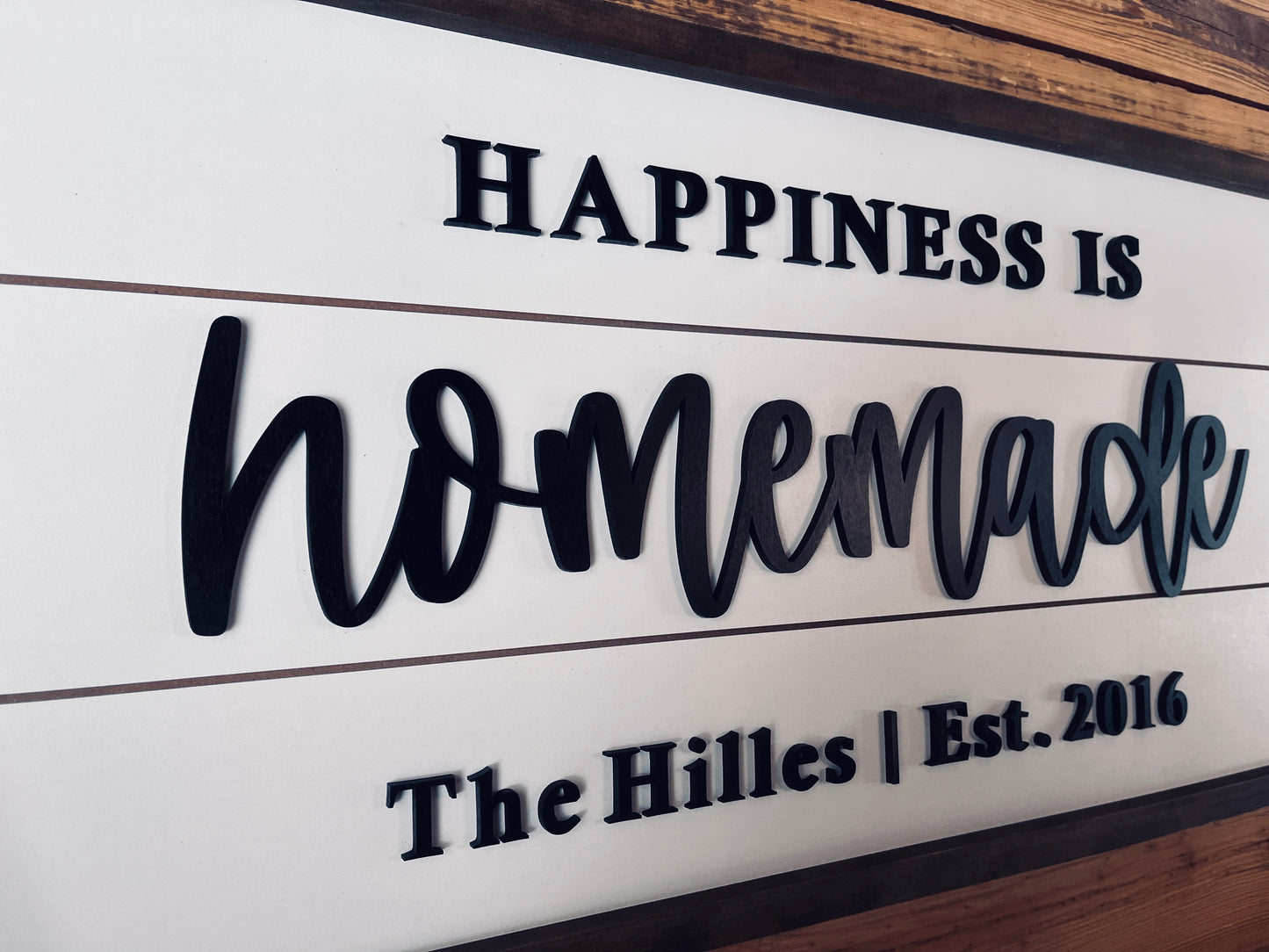 Happiness is Homemade | Personalized Raised Lettering Last Name Sign on Shiplap