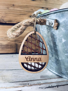 Easter Basket Name Tag | Personalized Wood Easter Rattan Design | Engraved Name Tag