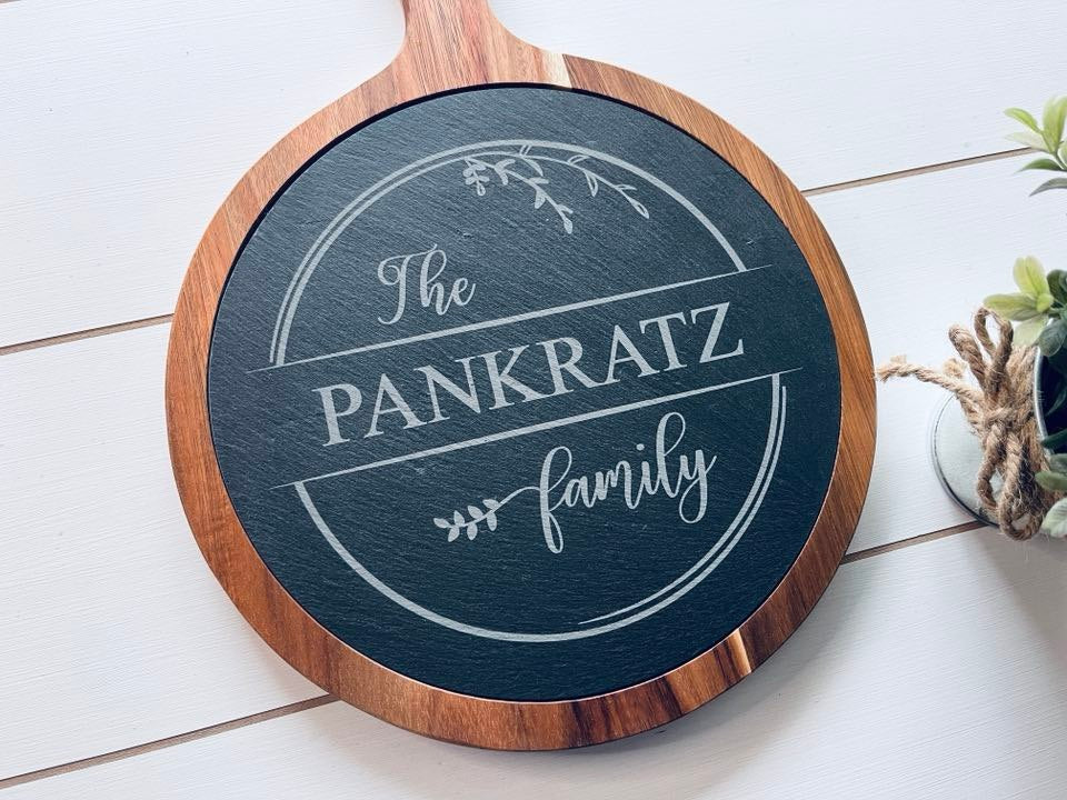 Personalized Round Acacia Wood/Slate Serving Board with Handle | Farmhouse Kitchen Decor | Cutting Board Wall Decor