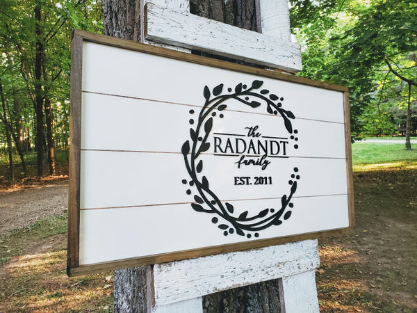 Last Name and Est Date Sign | Farmhouse Home Decor | Wood Framed Shiplap Sign