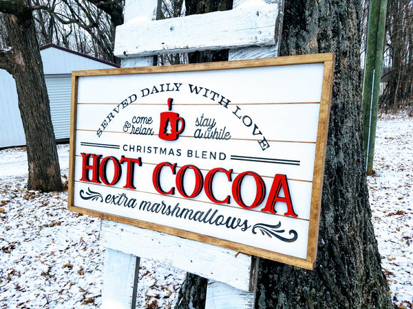 Winter Holiday Farmhouse Sign | Hot Cocoa Served Daily with Raised Lettering and Shiplap