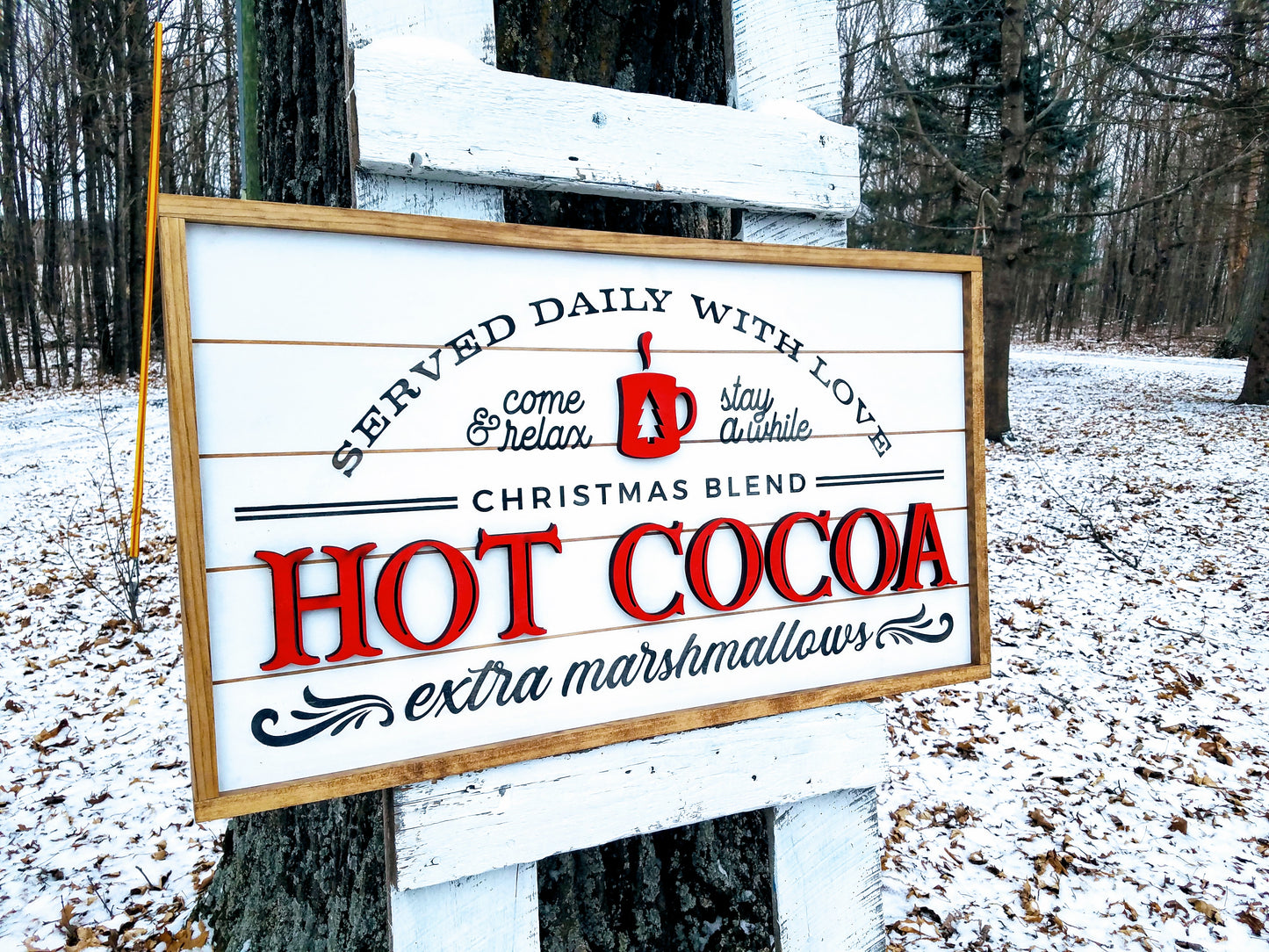Winter Holiday Farmhouse Sign | Hot Cocoa Served Daily with Raised Lettering and Shiplap