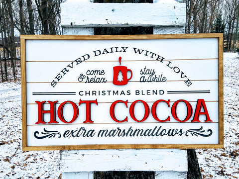 Winter Holiday Farmhouse Sign | Hot Cocoa Served Daily with Raised Lettering and Shiplap